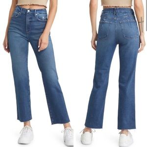 Good American Good Curve Straight Leg Jean High Rise Dark Wash Raw Hem 27